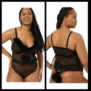 3X 22W 24W Black Marabou Flyaway Bralette Thong Set Lingerie 50s Pinup Sheer NWT